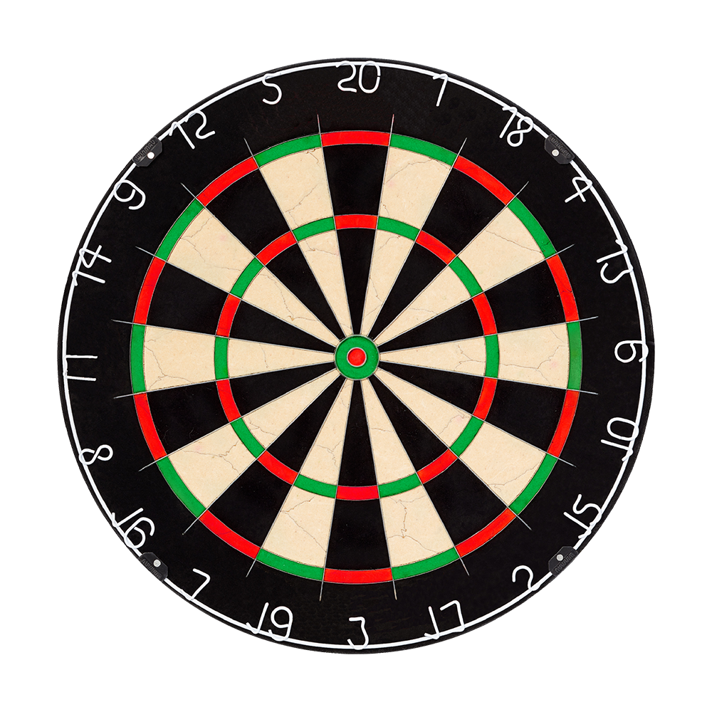 Das Bild zeigt eine klassische Dartscheibe mit schwarzen, weißen, roten und grünen Feldern. Es handelt sich um das Produkt „NPQ Steeldartboard“.